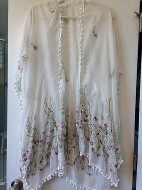 Sheer White Embroidered Pom Pom Kimono Cover-Up NWT